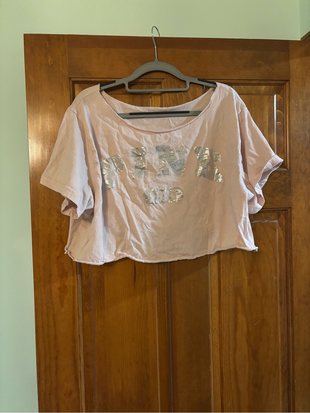 PINK Victoria's Secret Pale Pink Metallic Logo Crop Tee
